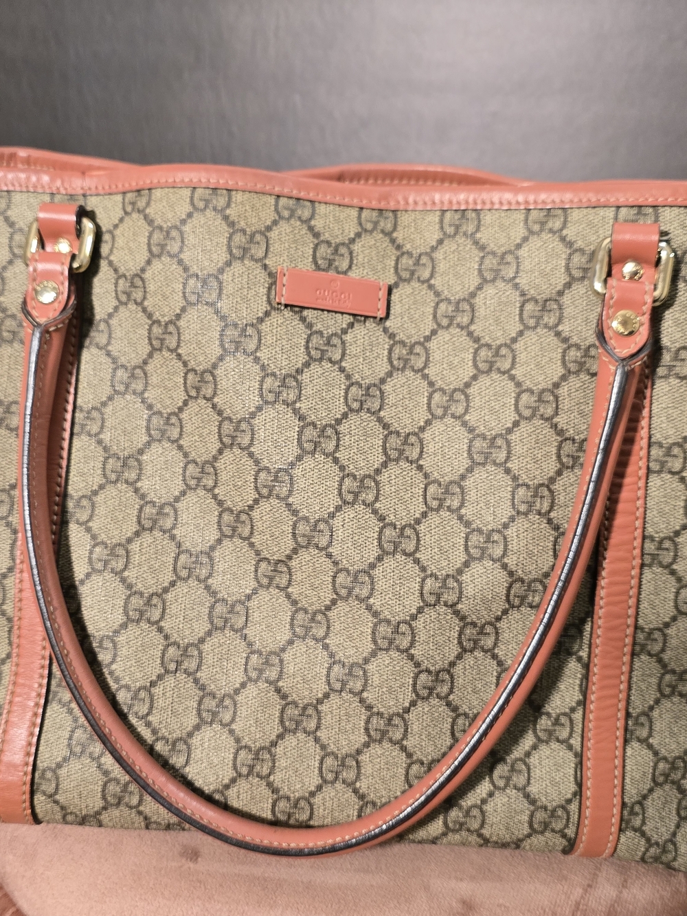 Gucci Brown GG Supreme Canvas Tote with Rose/Blush Pink Leather Trim